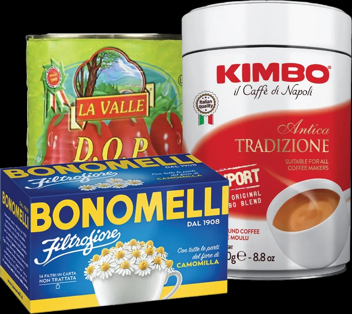 Imported Italian pantry staples — La Valle D.O.P. tomatoes, Kimbo coffee and Bonomelli chamomile